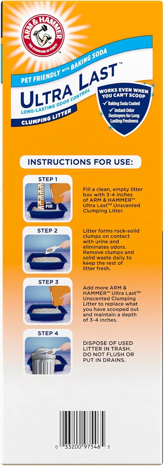 ARM & HAMMER Ultra Last Clumping Cat Litter Unscented MultiCat 18 Lbs. Pet Friendly with Baking Soda Odor Control Litter-USA product