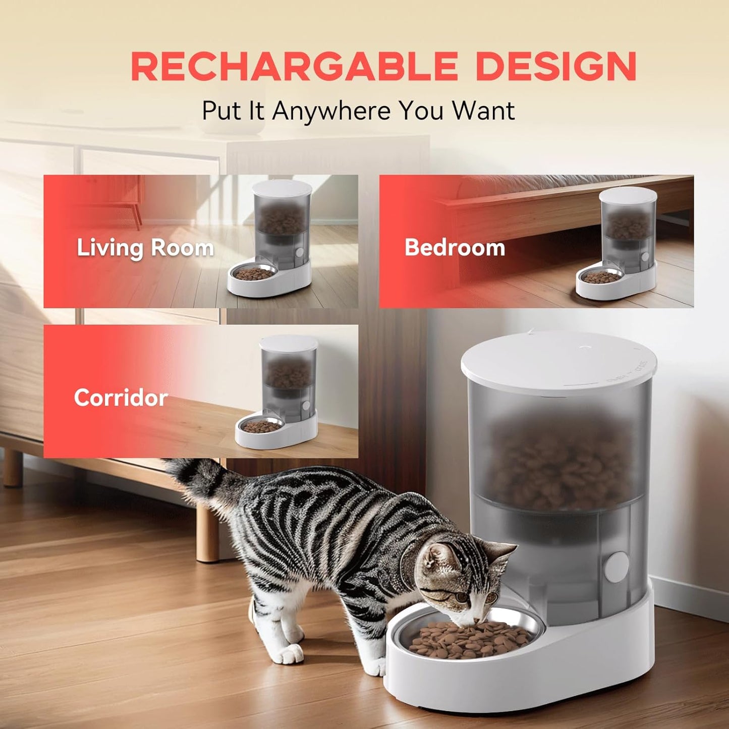 Rechargable Automatic Cat Feeders - 5G WiFi Pet Feeder with APP Control, 4L Timed Cat Feeders for Dry Food, 1-10 Meals Per Day, 12 Portions Per Meal, Easy to Clean