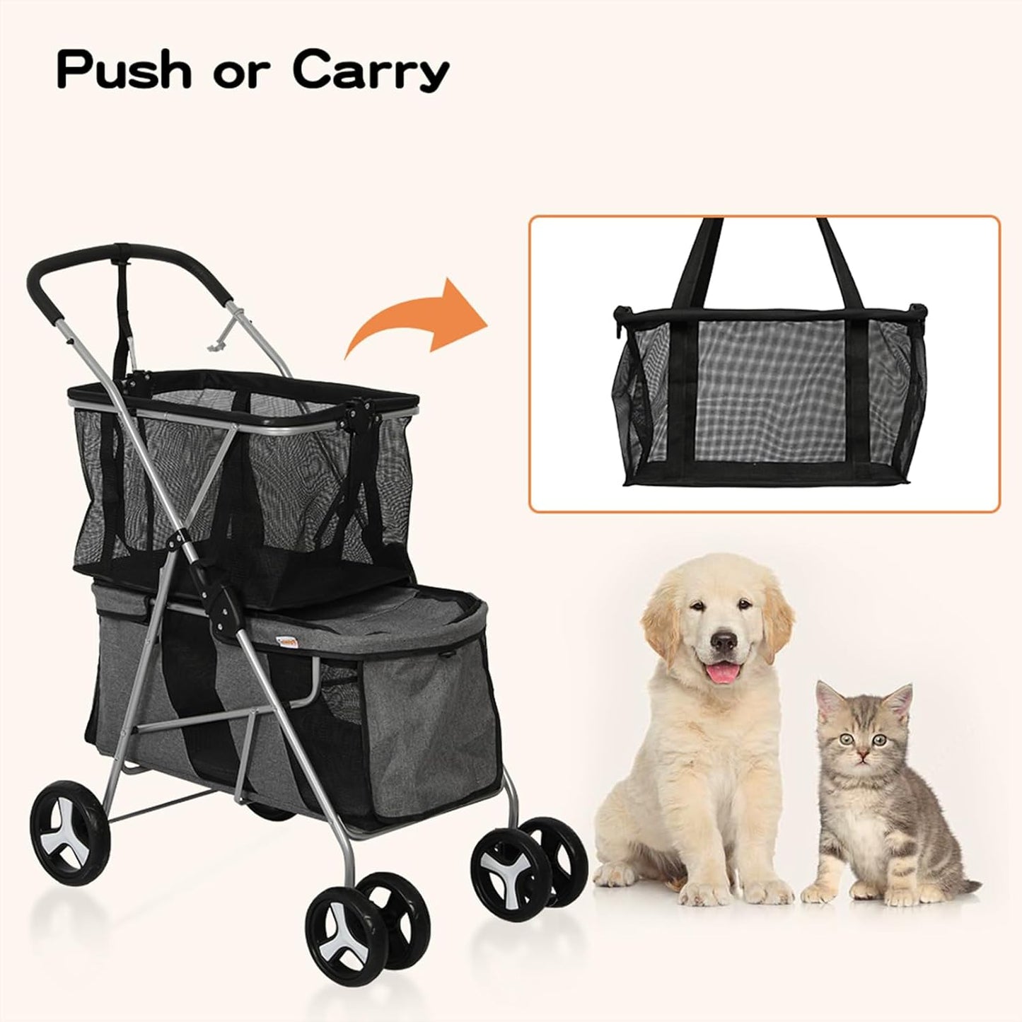 PaWz 2-Tier Pet Stroller, 4 Wheels Pet Carrier with Brake for Dog Cat
