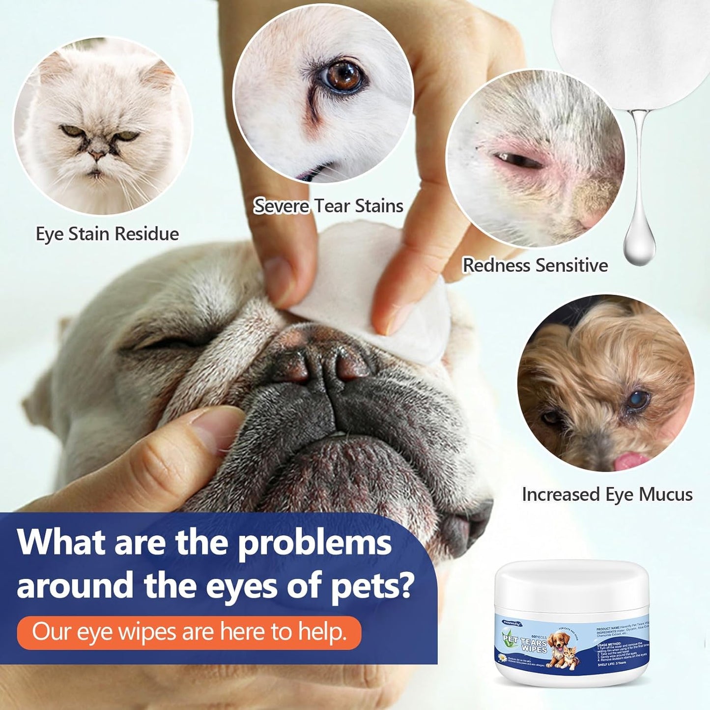 Pet Gentle Teeth Wipes, 60 Pcs Universal Cat & Dog Grooming Wipes, Natural and Safe for Removing Dirt Crust and Discharge, Hypoallergenic for Teeth, Ear, Nose