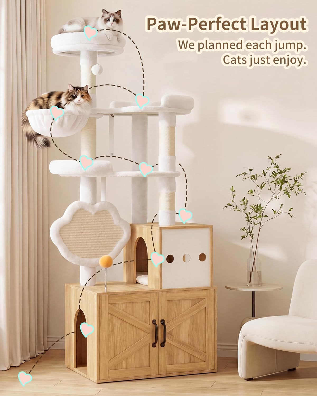 Heybly Cat Tree with Litter Box Enclosure, Modern 162cm Hidden Cat Tower for Indoor Cats,White Oak