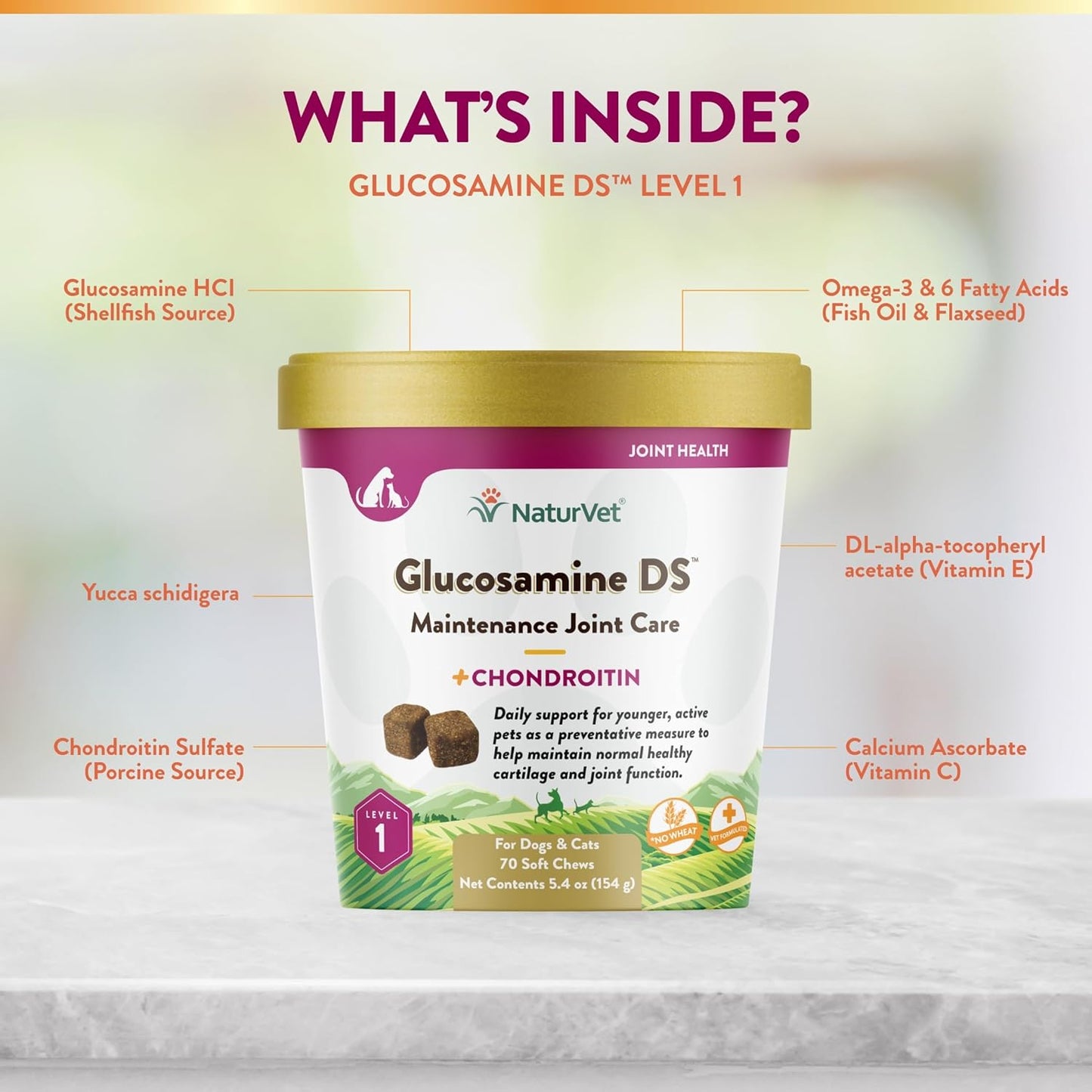 NaturVet GLUCOSAMINE-DS LVL 1 Soft Chew Dogs Maintenance Care (CUP) - 70 ct