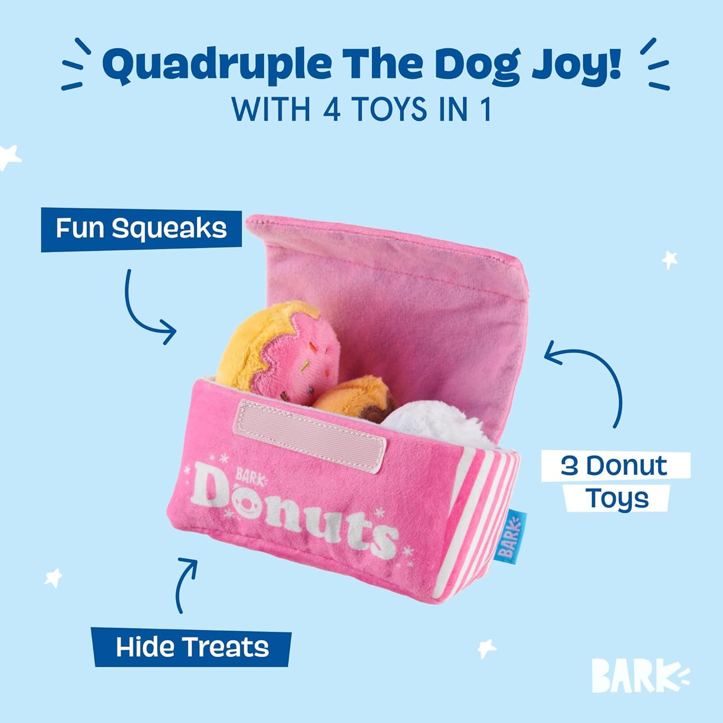 Barkbox Barker’s Dozen Donuts Plush 4-in-1 Dog Toy – Squeaky, Crinkly Donut Box & Plush Donuts for Medium & Large Dogs