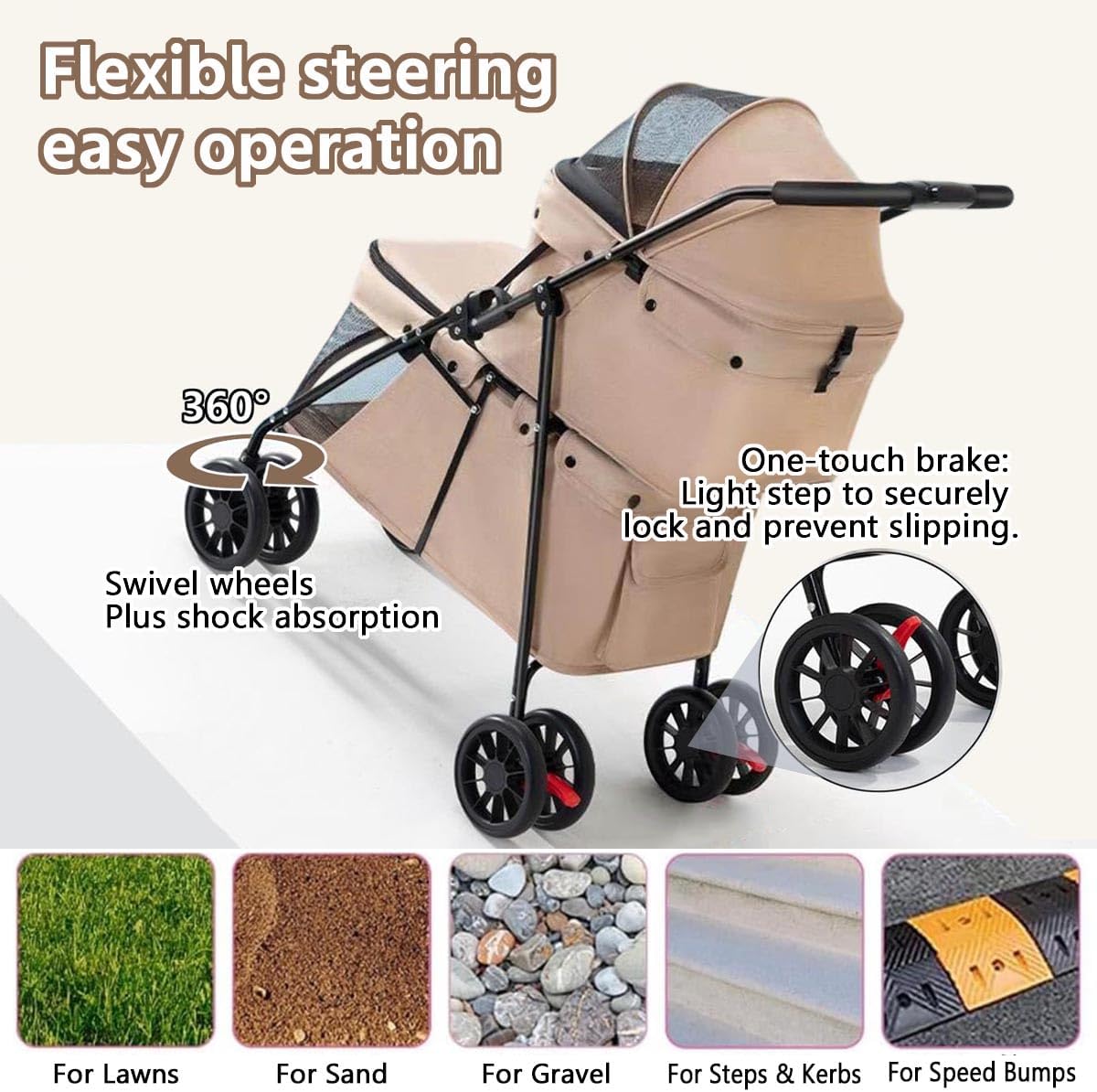 Double Layer Pet Stroller Cat Dog pram, Lockable Wheels Carriers, Foldable for Storage, for Small Medium Sized Pets, Simple Assembly (Brown)
