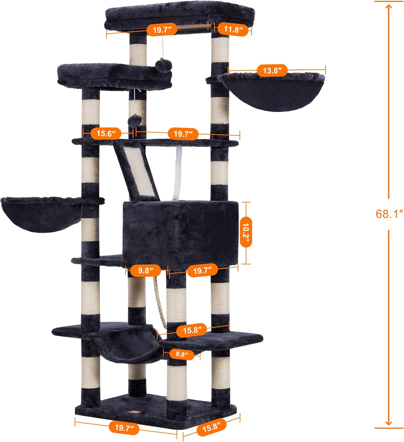 Heybly Cat Tree for Large Cats,68 inch Multi-Level Cat Tower for Indoor Cats