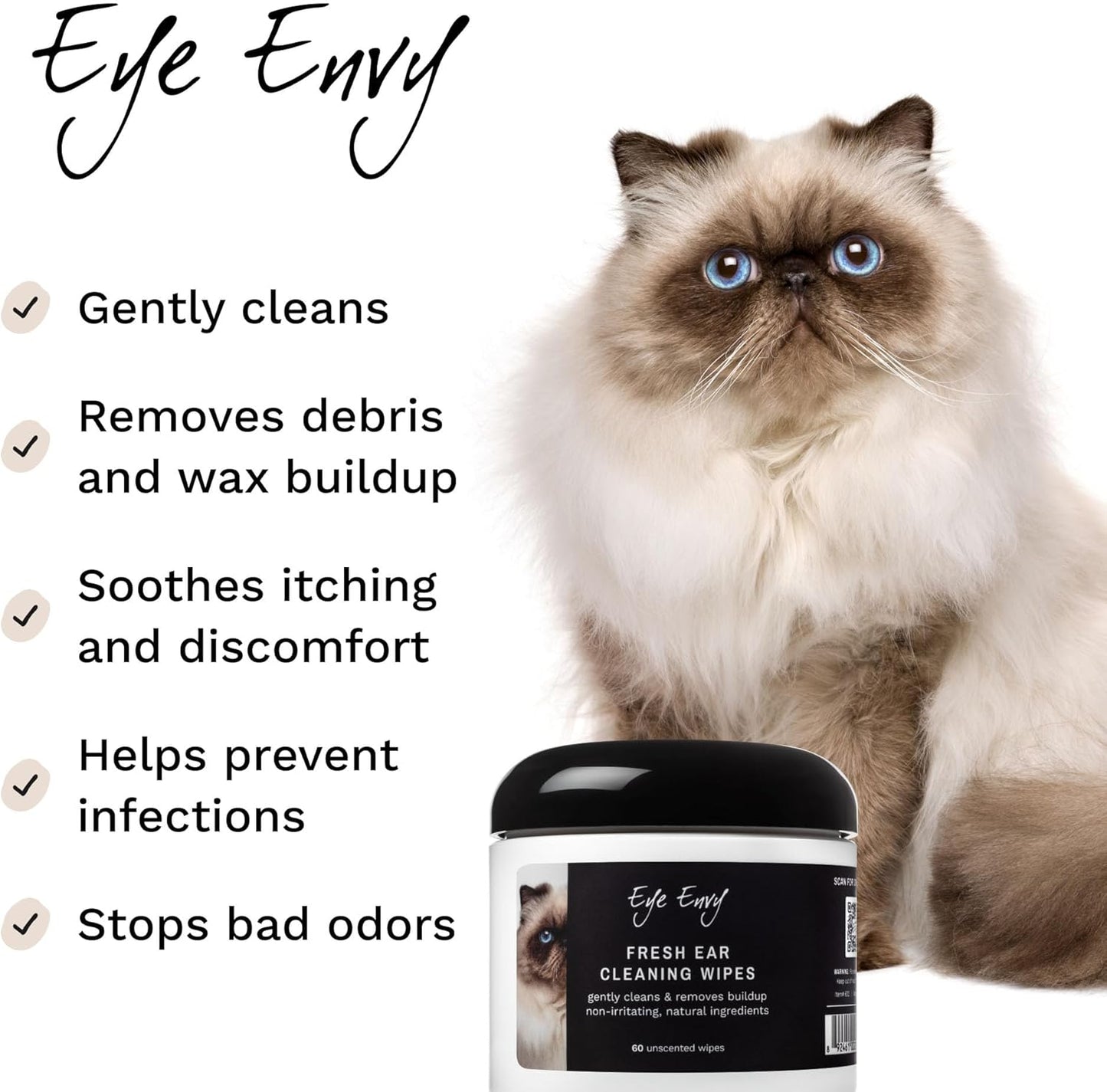 Eye Envy Fresh Ear Cleaning Wipes for Cats. Made in The USA from Natural Ingredients. Unscented. Prevents Infections. Safe and Non-Irritating. Removes Dirt, Debris, and Wax buildup. 60 Count.