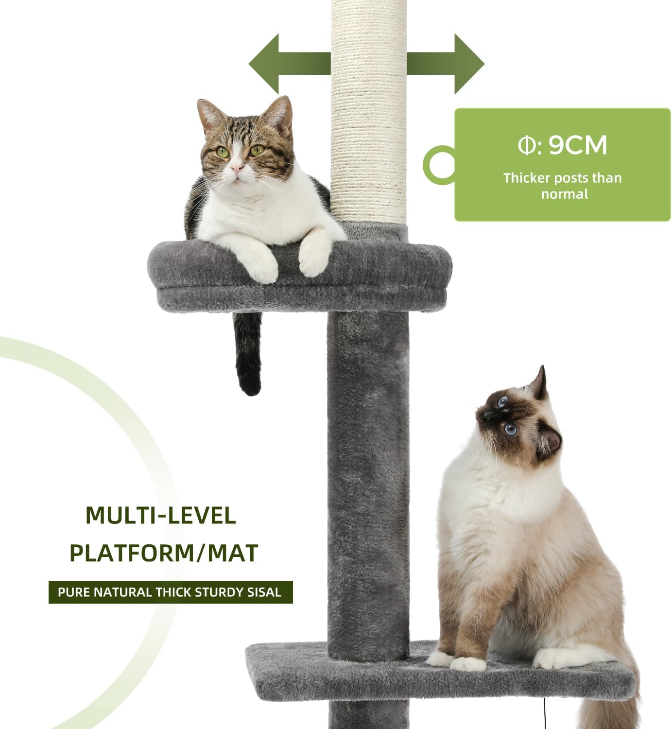PAWZ Road Cat Tree 5-Tier Floor to Ceiling Cat Tower Height Adjustable 95-107 Inches, Tall Kitty Climbing Activity Center with Scratching Post, Cozy Bed, Dangling Ball for Indoor Cats Grey