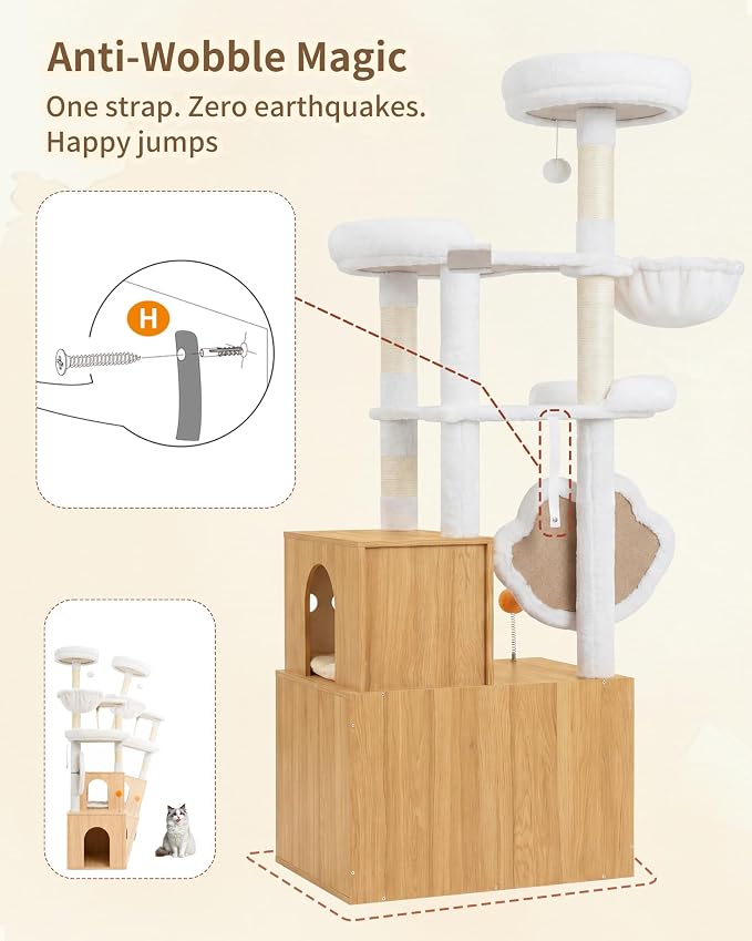 Heybly Cat Tree with Litter Box Enclosure, Modern 162cm Hidden Cat Tower for Indoor Cats,White Oak