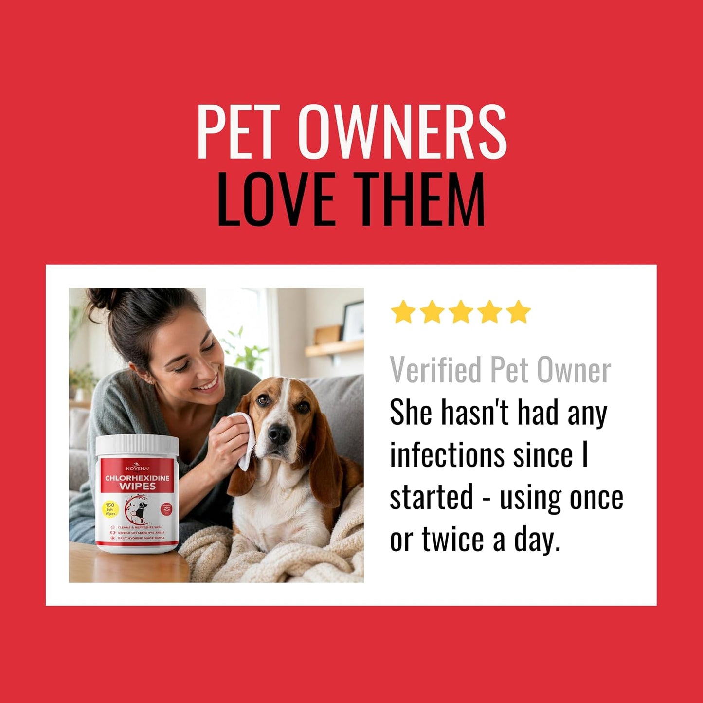 NOVEHA Pet Wipes - Formulated Pet Wipes - for Facial and Finger Folds, Underarms - 3" x 2" Size (450 Counts)