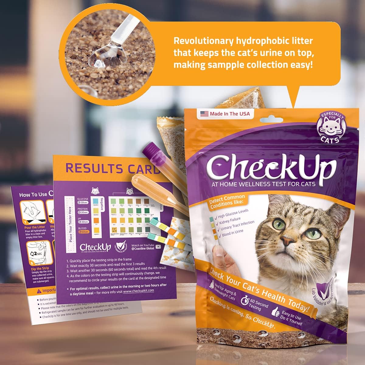 CheckUp at Home Wellness Test Kit for Cats | 2lb Hydrophobic Litter for Urine Collection, 2 Test Strips