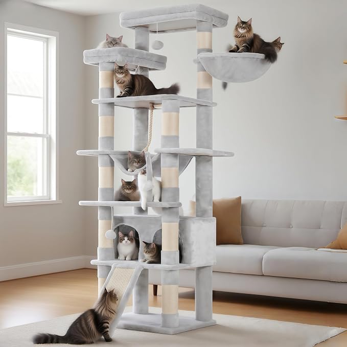 Heybly Tall Cat Tree, 78-inch Multi-Level Cat Tower for Indoor Cats, 2 Widened Plush Perches Cat Condo with Scratching Board and Big Caves, Light Gray