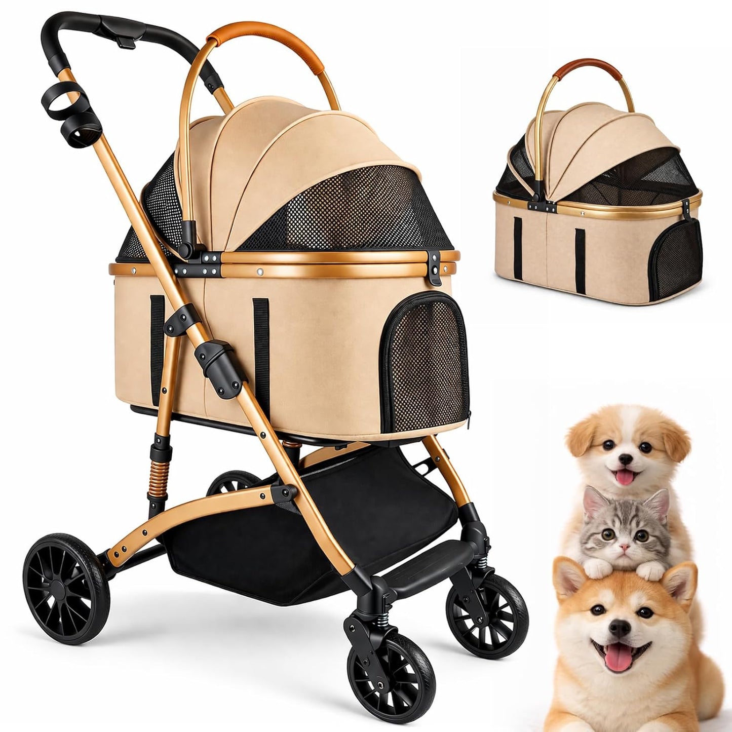 3-in-1 Dog Stroller for Medium Dogs up to 50 lbs, Smooth-Ride Pet Stroller with Detachable Carrier & Car Seat Combo