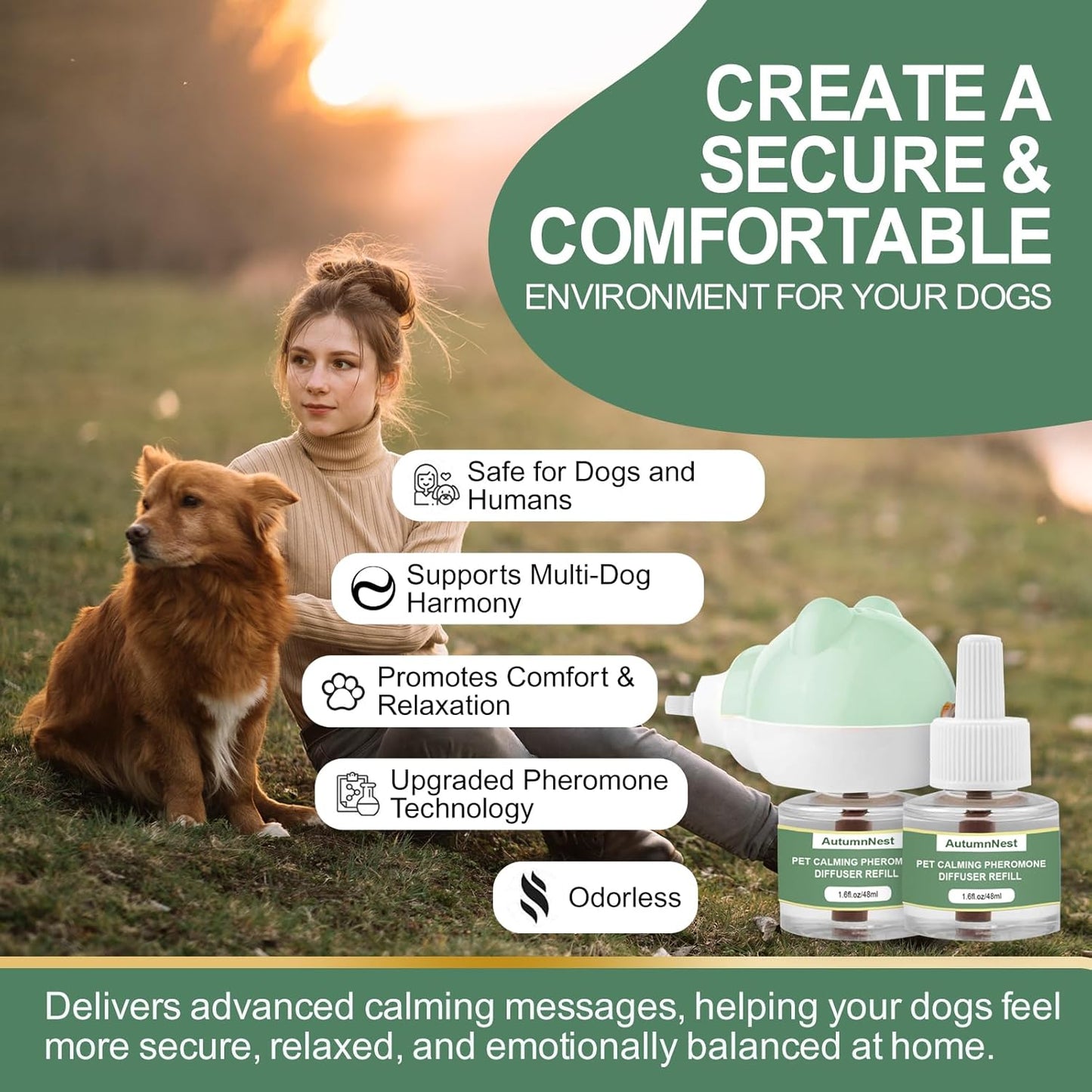 Dog Calming Diffuser Plug-in with Gentle Night Glow, 3 Refills Kit