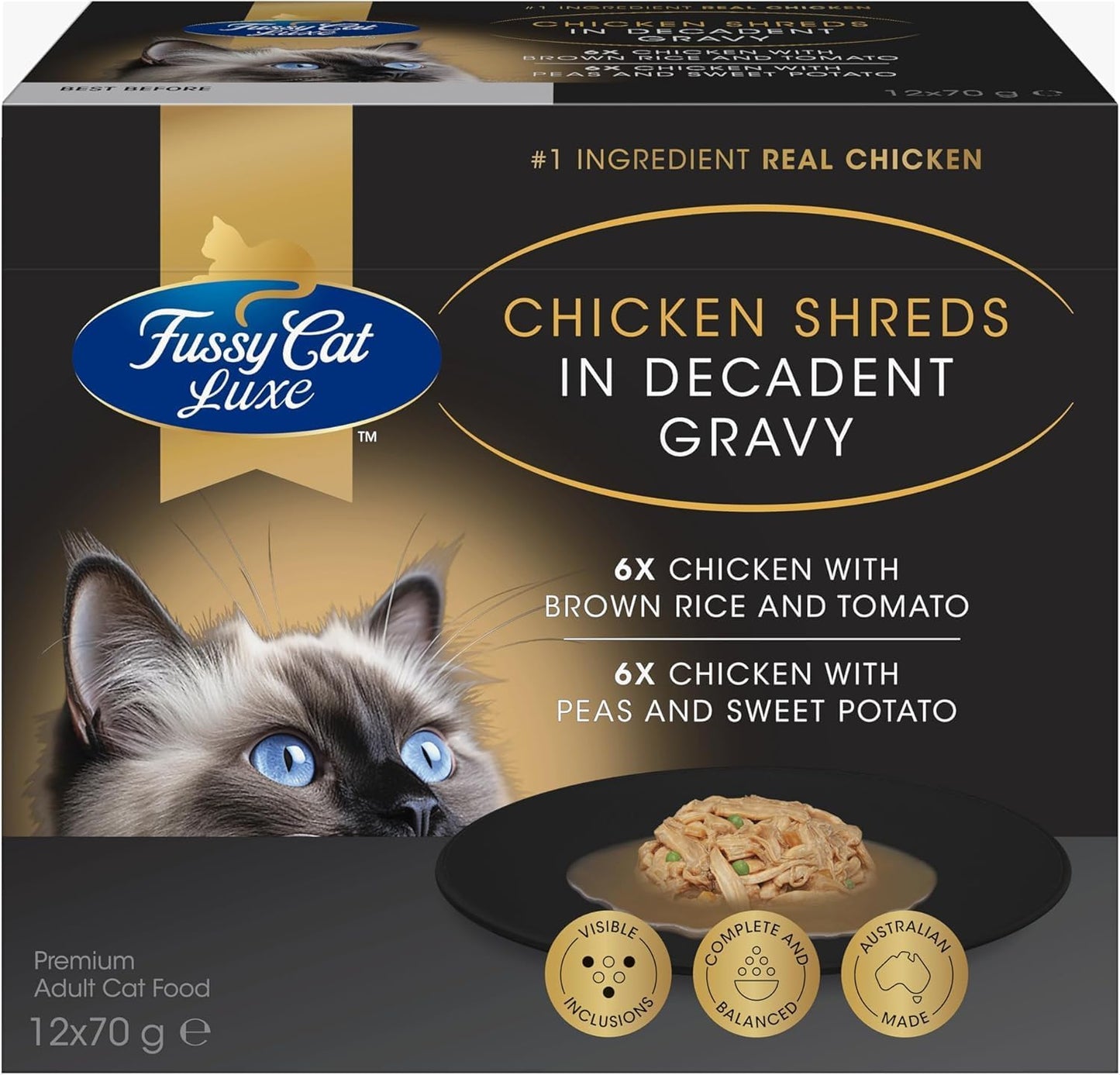 Fussy Cat Luxe Wet Cat Food, Chicken Shreds in Decadent Gravy 12x70g