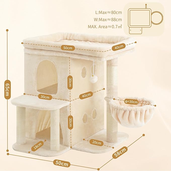 Heybly Cat Tree, 65cm Cat Tower with Spacious Top Perch for Large Cats,Beige