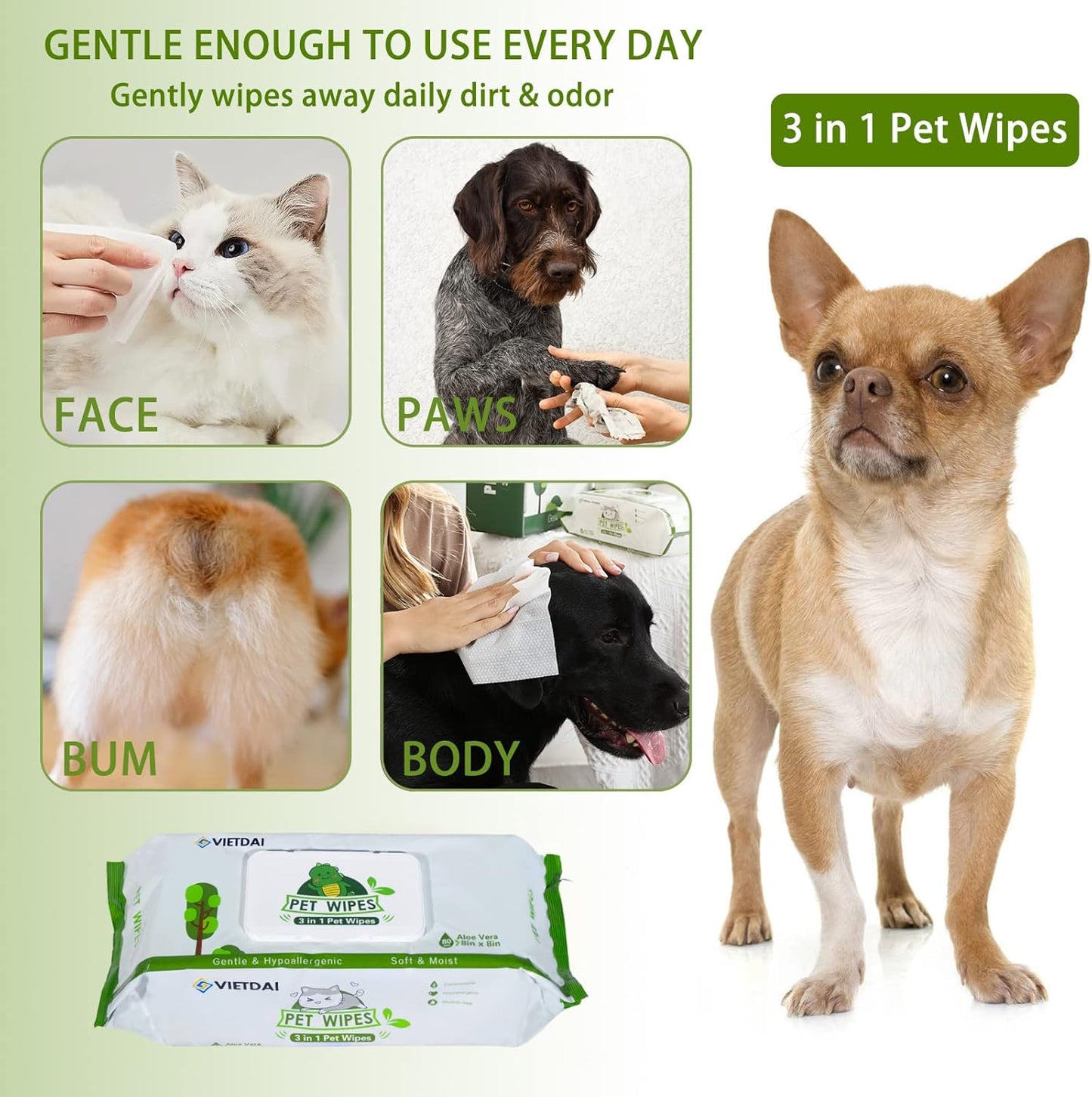 VIETDAI Dog Wipes Pet Wipes for Dogs & Cats Big Thick Large Multipurpose Cleaning