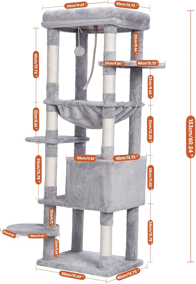 Heybly HCT050W Cat Scratching Post with Blankets for Large Cat Tree Large Platforms Cave 50 x 50 x 153cm Light Grey