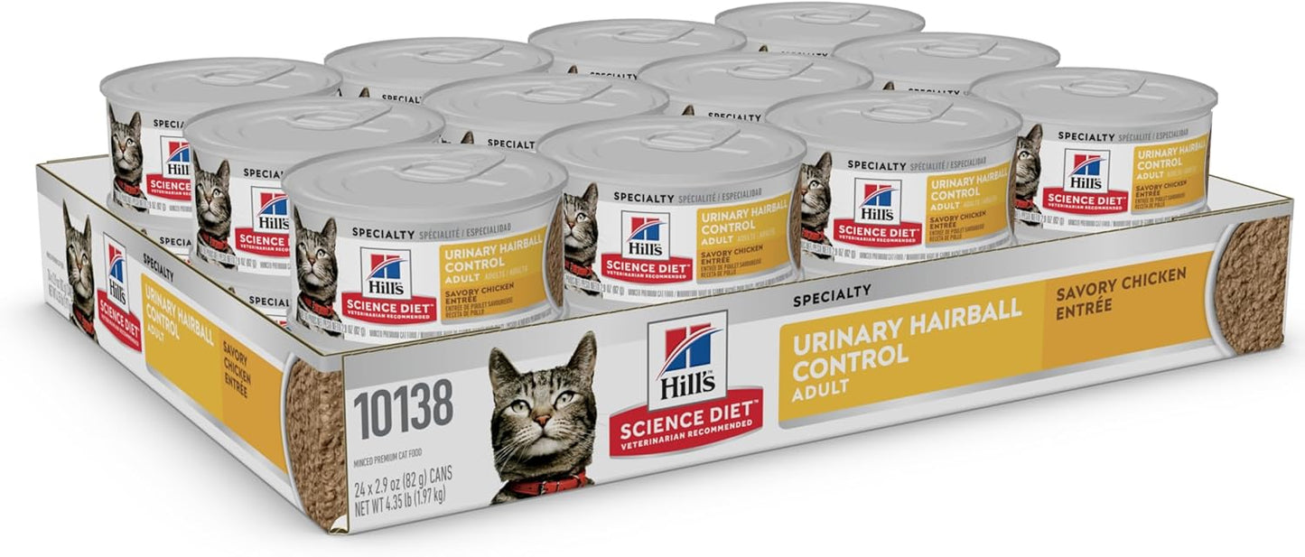 Hill's Science Diet Adult Wet Cat Food, Urinary Hairball Control Savory Chicken Entrée, 82g, 24 Pack, Canned Cat Food