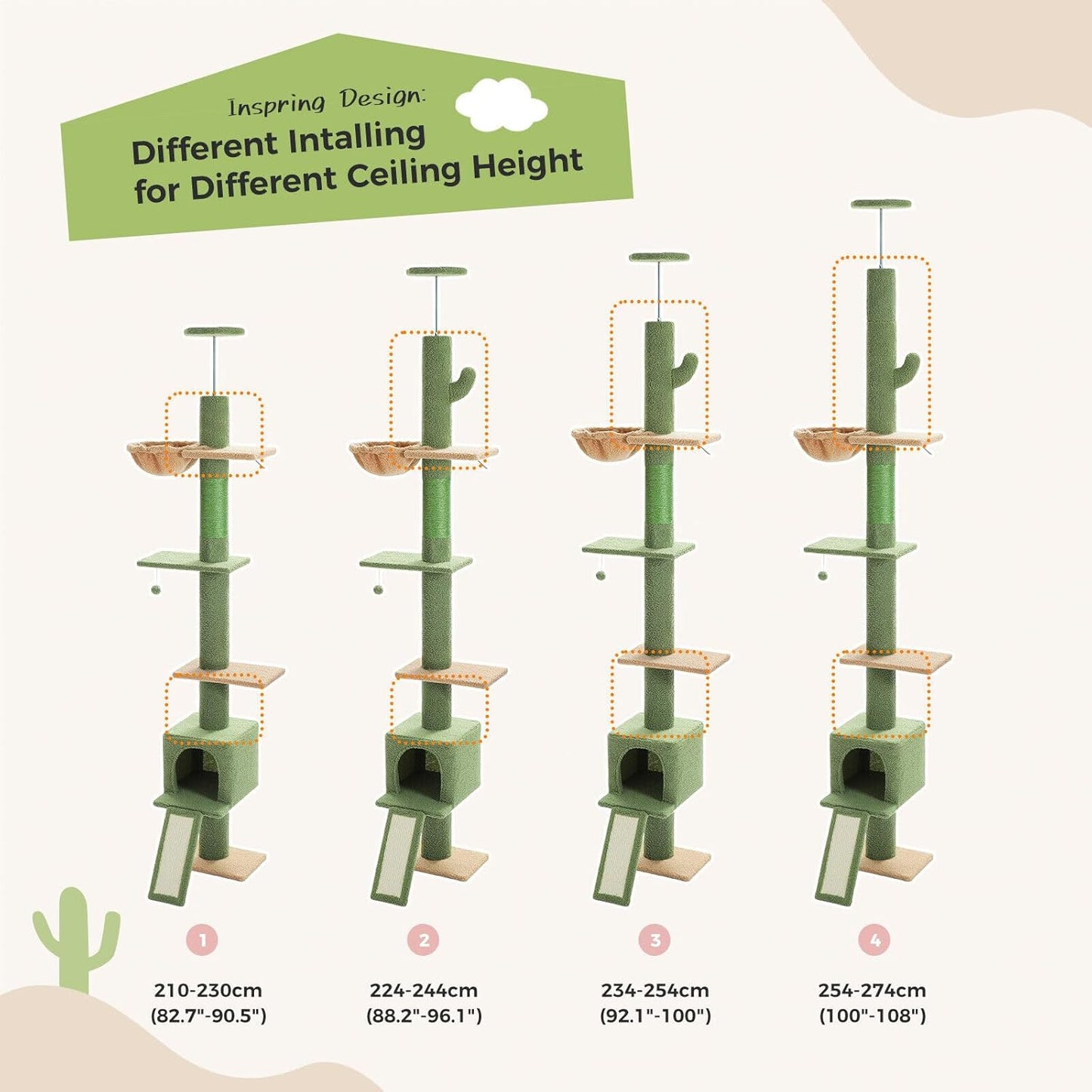 PAWZ Road Floor to Ceiling Cat Tree Tall Cat Tower, Adjustable Height (210-274cm), 5 Tiers Cat Climbing Tree with Cozy Cat Hammock and Condo, Cat Scratching Post for Indoor Cat, Green