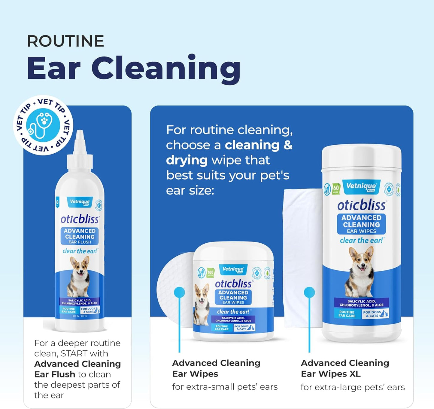 Vetnique Oticbliss Advanced Cleaning Ear Wipes for Dogs for Odor Control (Ear Cleaning Wipes, Advanced Cleaning Large)