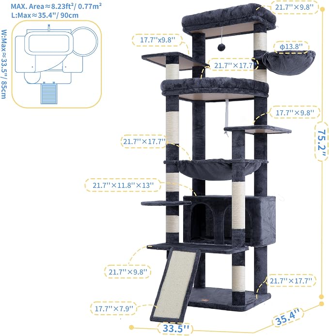 Heybly Tall Cat Tree for Large Cat, 80-inch Multi-Level Cat Tower HCT038G |