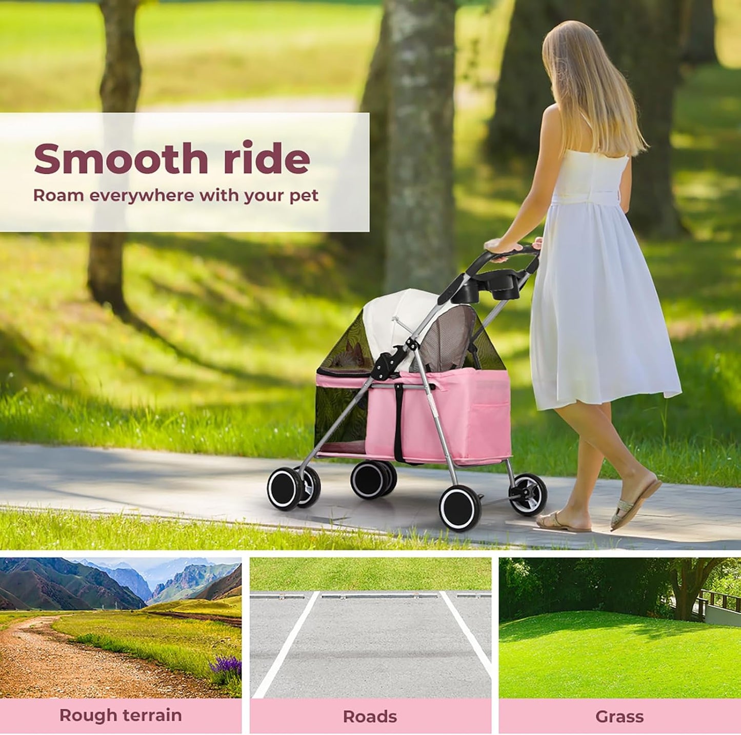 PaWz 4 Wheels Foldable Pet Stroller Dog Cat Travel Carrier Large Pink