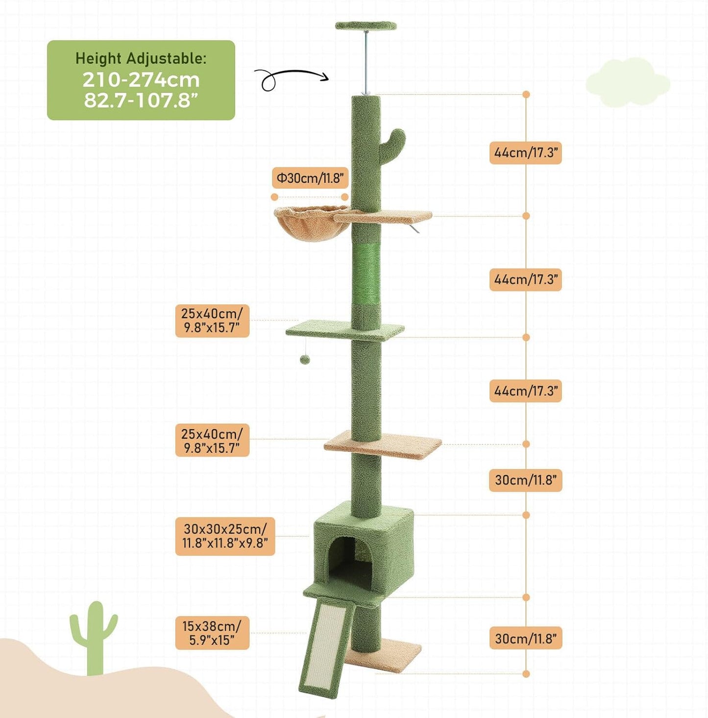 PAWZ Road Floor to Ceiling Cat Tree Tall Cat Tower, Adjustable Height (210-274cm), 5 Tiers Cat Climbing Tree with Cozy Cat Hammock and Condo, Cat Scratching Post for Indoor Cat, Green