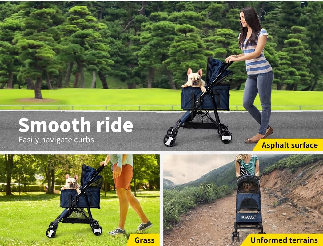 PaWz Large Pet Stroller - Dog Cat Carrier Pushchair, Foldable Pram 4 Wheels Blue