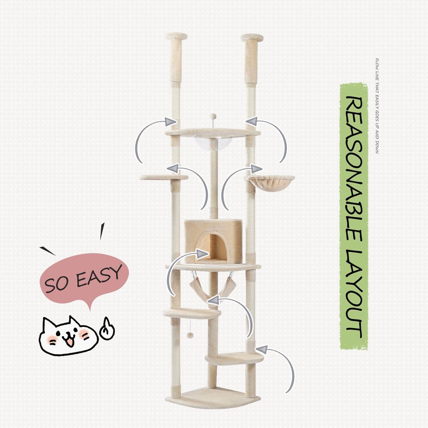 PAWZ Road Large Cat Tree Floor to Ceiling Cat Tower with a Cozy Condo, 6-Tier Cat Climbing Activity Center with Perch and Hammock for Adult Cats Beige