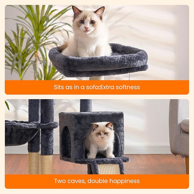 Heybly Cat Tree with Cat Self Groomer Brush, Cat Tower Condo for Indoor Cats with Padded Plush Perch,Grey
