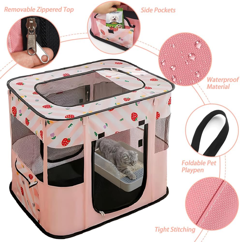 Foldable Pet Playpen, Portable Kennel Crate Cat Playpen for Dog cat (Size M, Pink)