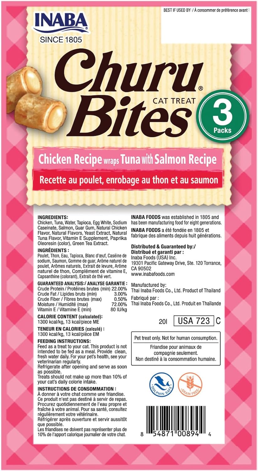 INABA Churu Bites for Cats, Soft Baked Chicken Churu Filled Cat Treats with Green Tea Extract, 9.92g Each Tube, 18 Tubes