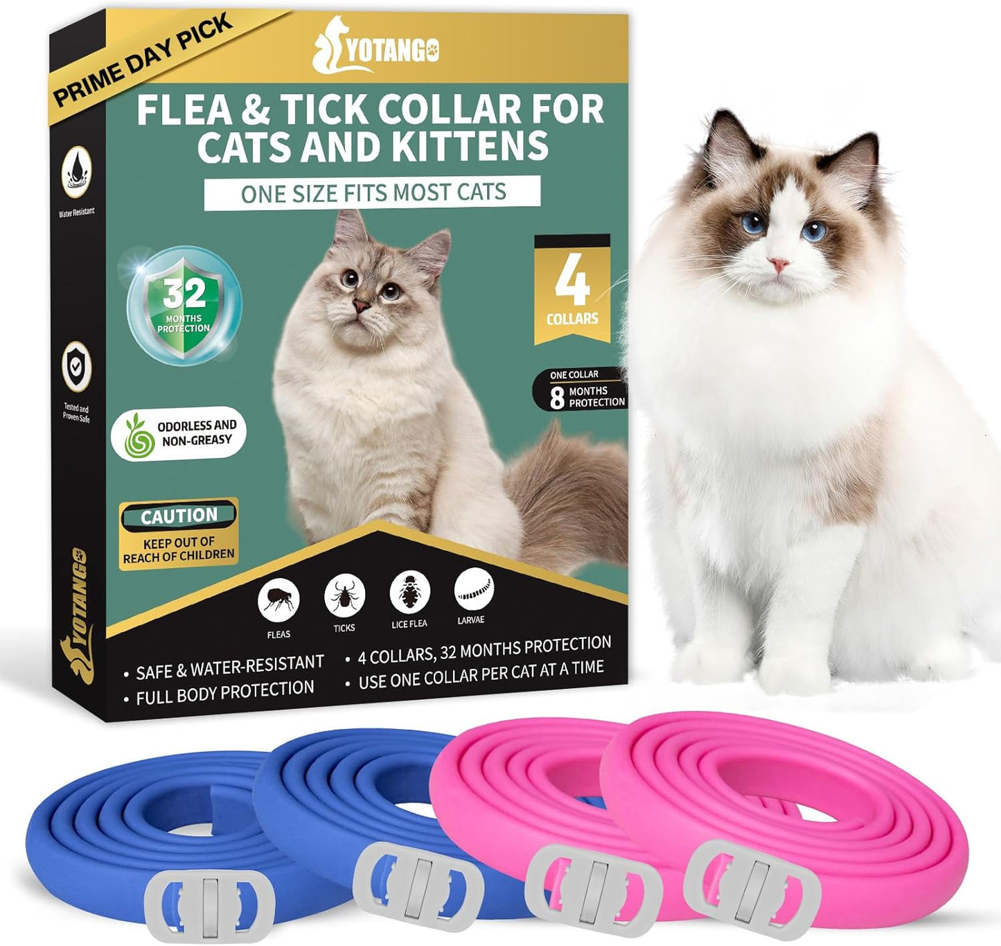 4 Pack Flea Collar for Cats, 32 Months Flea and Tick Prevention for Cats, Waterproof Cat Flea Collar
