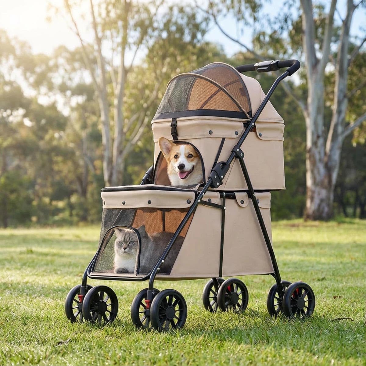 Double Layer Pet Stroller Cat Dog pram, Lockable Wheels Carriers, Foldable for Storage, for Small Medium Sized Pets, Simple Assembly (Brown)