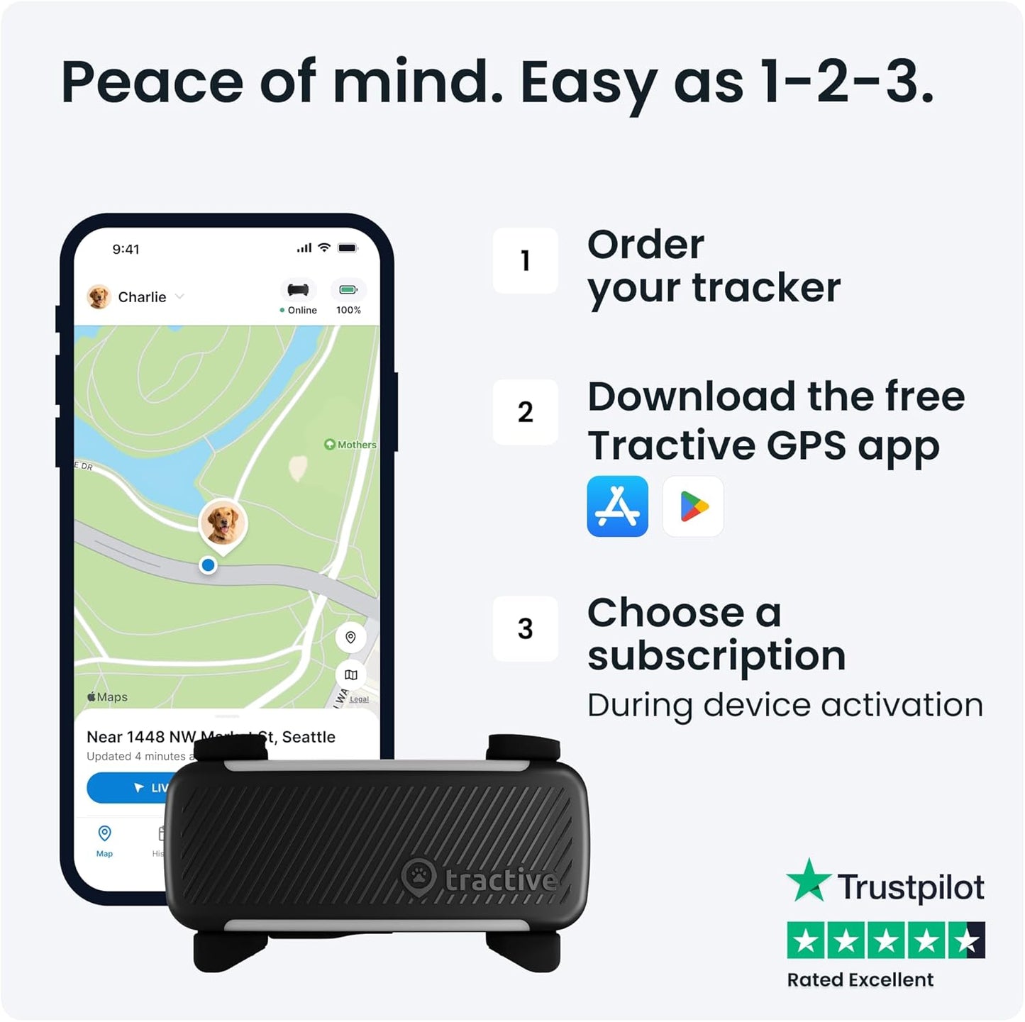 Tractive GPS Dog Tracker | 2025 Edition | Market Leader | Real-time Location Tracking | Escape Alerts | Activity Monitoring | Health Alerts | Bark Monitoring (Black)