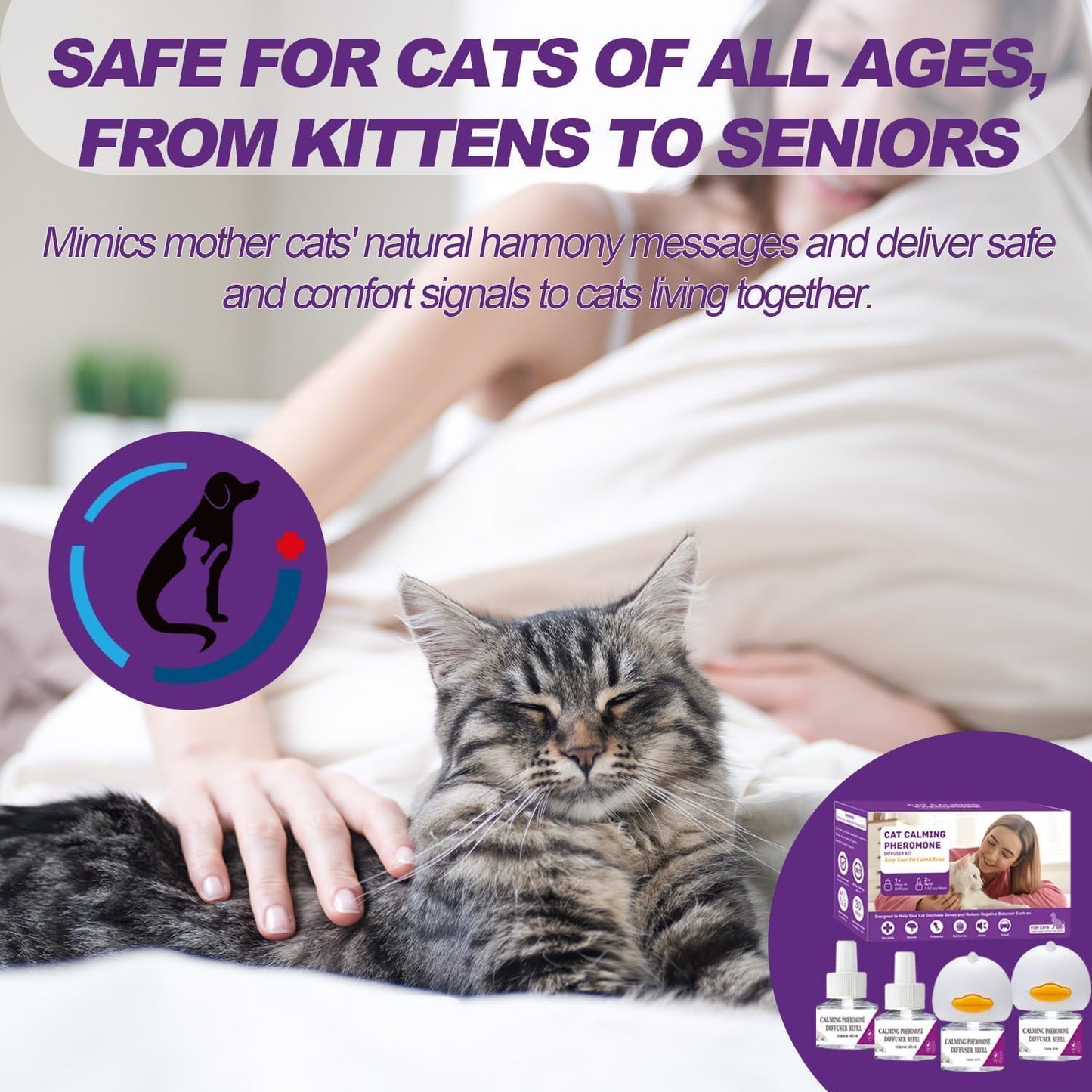 Cat Calming Diffuser, Cat Pheromones Calming Diffuser, Pheromone Dffuser to Calm Cats, Cat Calming Diffuser with 2 Diffuser + 4 Refill,120 Days for Cats Relief Stress Anxiety Purple