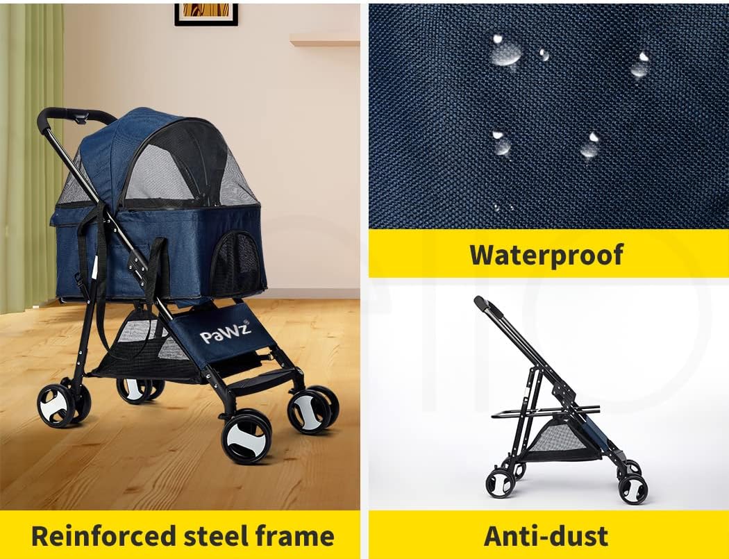 PaWz Large Pet Stroller - Dog Cat Carrier Pushchair, Foldable Pram 4 Wheels Blue