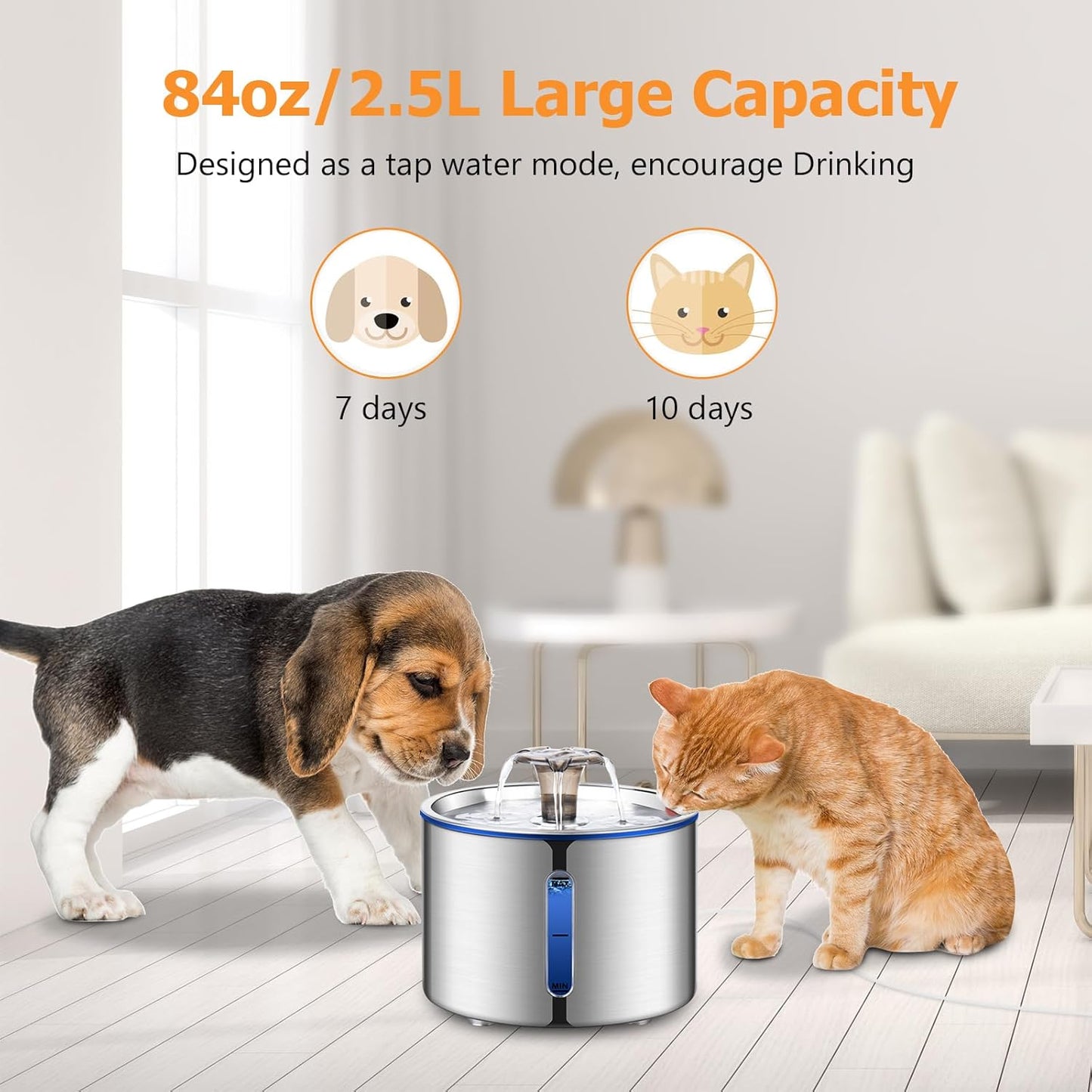 Cat Water Fountain, 84oz/2.5L Stainless Steel Pet Water Fountain, Automatic Dog Water Dispenser with Water Level Window, Ultra-Quiet Pump, Perfect for Cats, Dogs and Multiple Pets