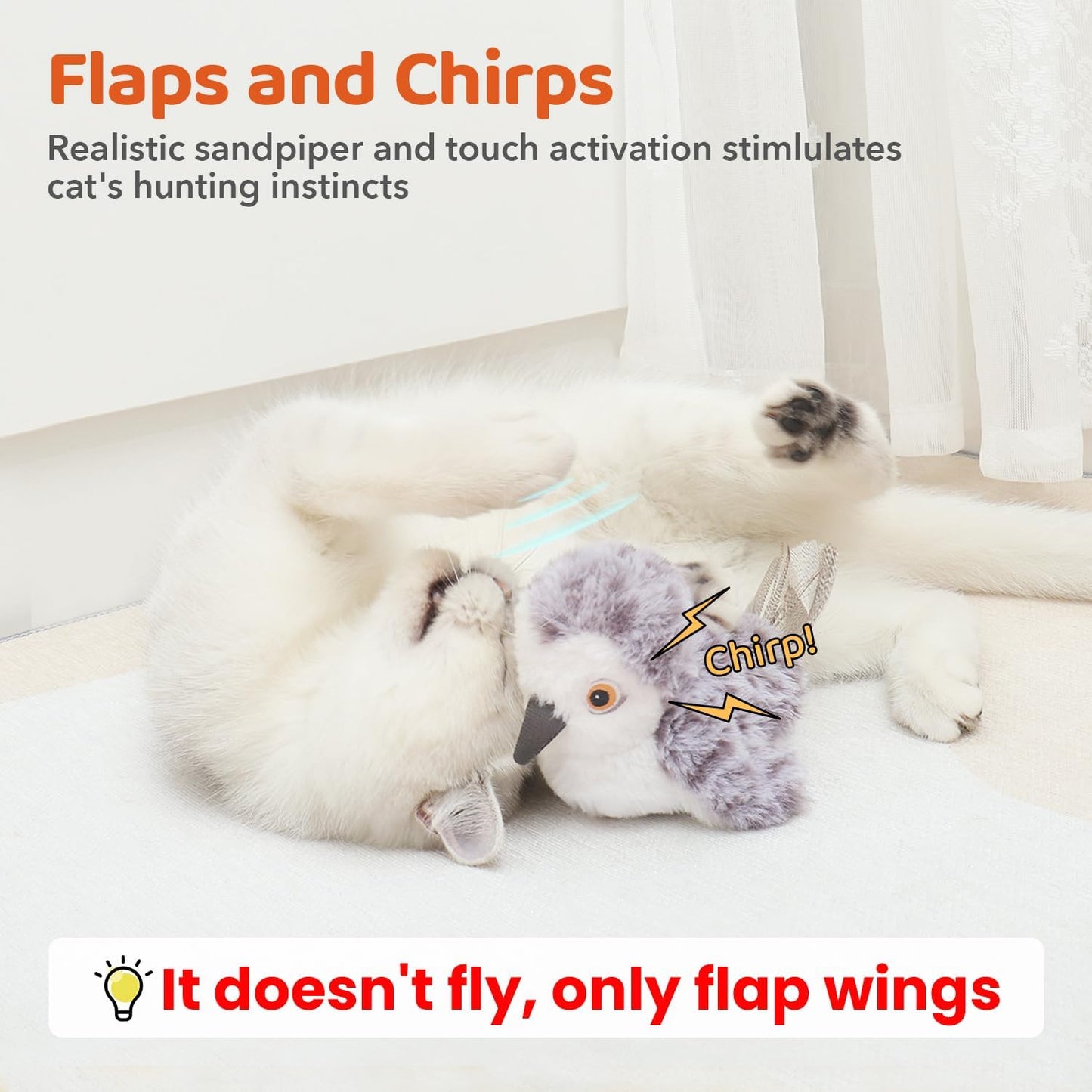 Cat Toys Flapping Bird (No Flying), Lifelike Sandpiper Chirp Tweet, Rechargeable Touch Activated Kitten Toy Interactive Cat Exercise
