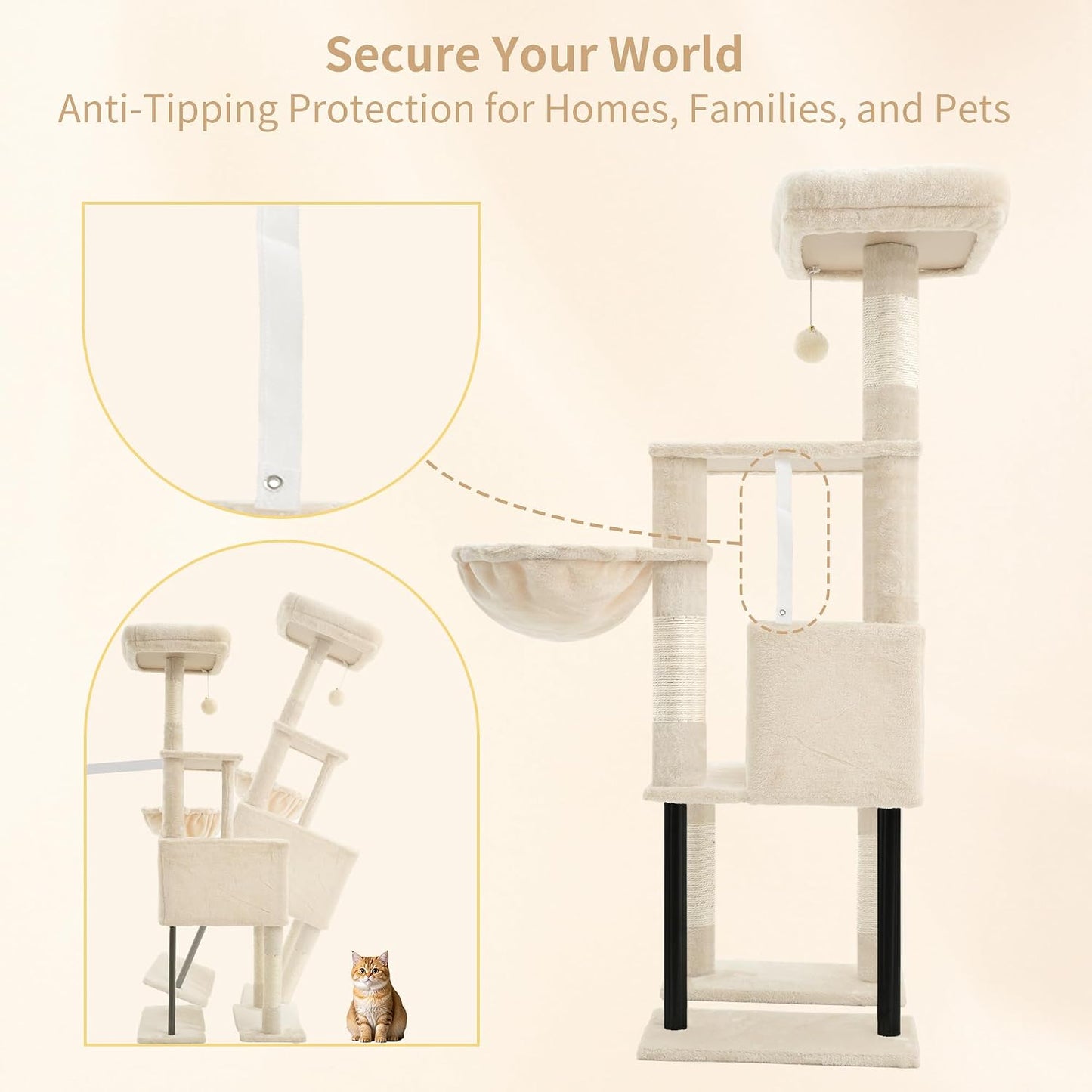 Heybly Cat Tree, 125 cm Cat Tower for Indoor Cats, Spacious Cat House Condo with Hidden Space，Sturdy Steel Tube，Soft Plush Top Perch，Cozy Hammock and Sisal Scratching Posts, Beige HCT200SM