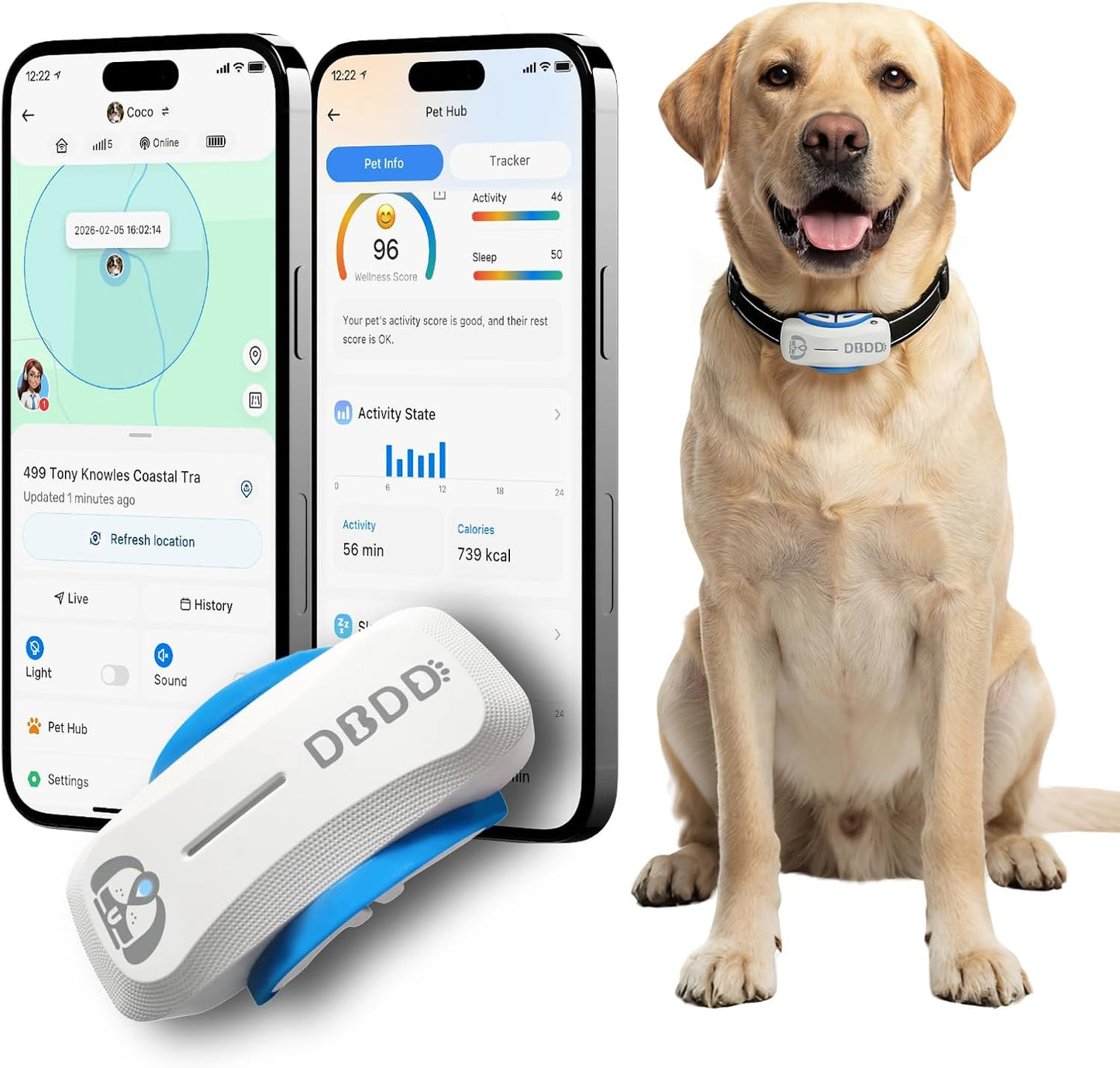 DBDD AI GPS Tracker for Dogs, Real Time Location and AI Health Care Management, Electronic Fence, Waterproof, iOS and Android Compatible (White)