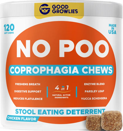 Chew No Poo - Coprophagia Treatment for Dogs - Prevent Dog Poop Eating - Natural Stool Eating Deterrent + Breath Aid - Probiotics & Digestive Enzymes - Boosts Gut Health - Made in USA - 120 Soft Chews