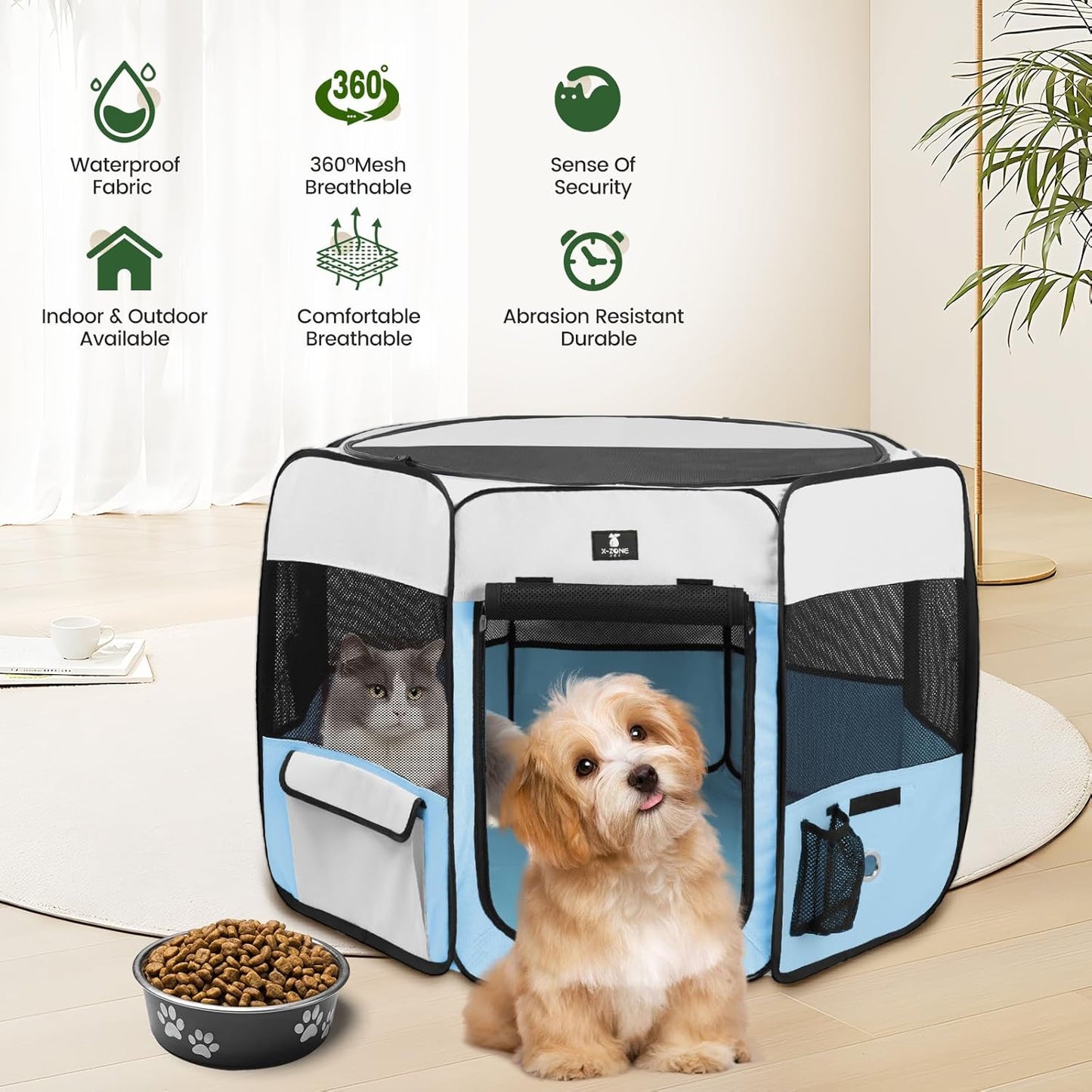X-ZONE PET Portable Foldable Pet Dog Cat Playpen Crates Kennel/Premium 600D Oxford Cloth,Removable Zipper Top, Indoor and Outdoor Use (Large, Blue)