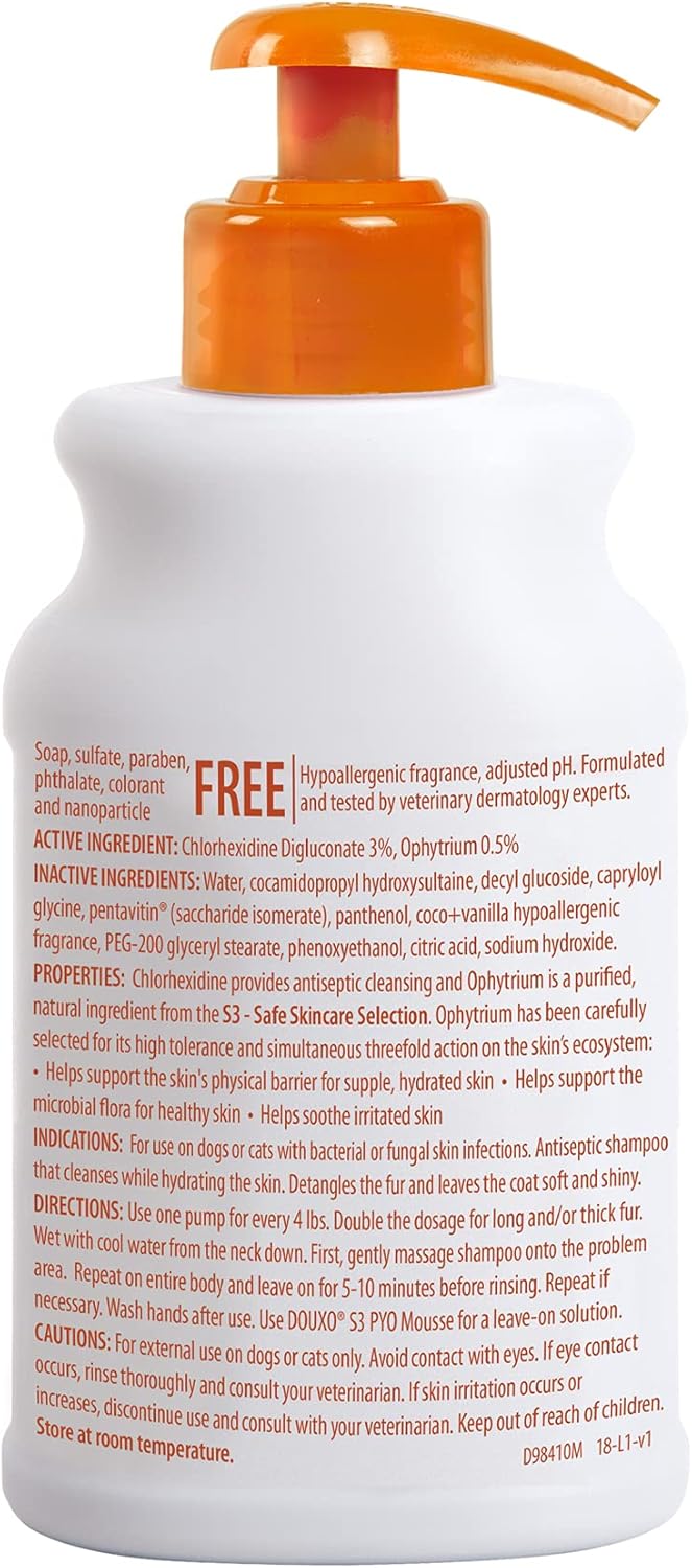 Douxo S3 Pyo Shampoo, Contains 3% Chlorhexidine & 0.5% Ophytrium, Antiseptic & Hydrating (200mL)