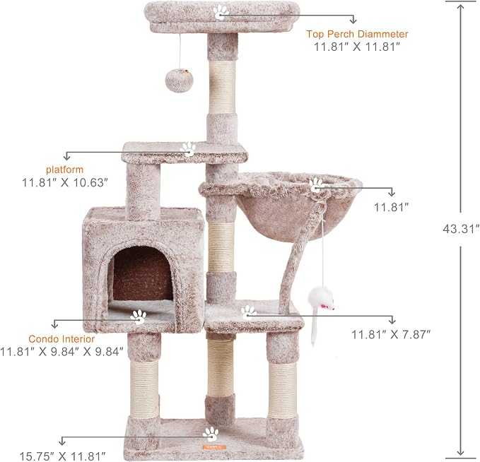 Heybly 110cm Cat Tree with Toy, Cat Tower for Indoor Cats, Cat Play Tower with Padded Plush Perch,Mushroom