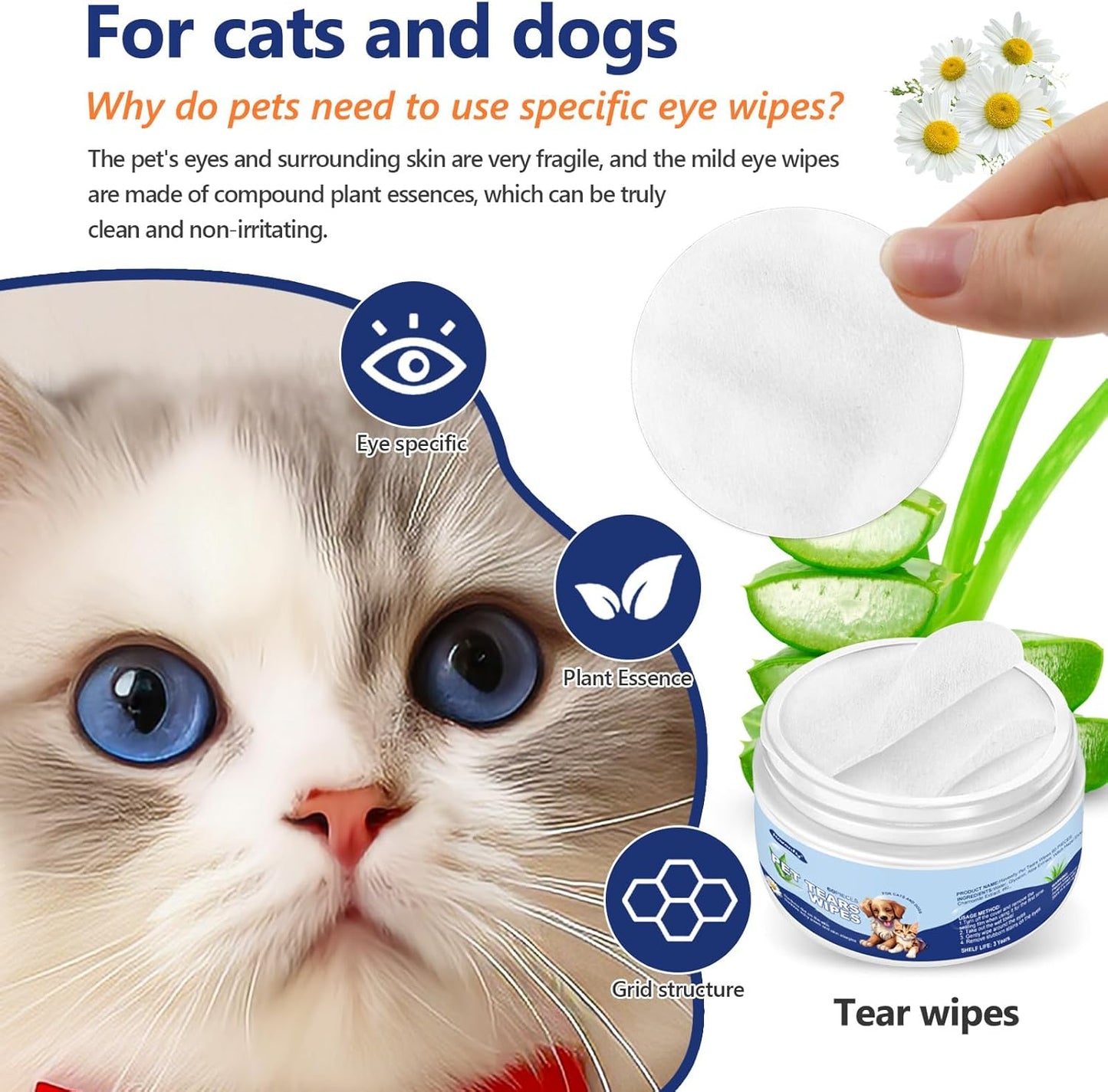 Pet Gentle Teeth Wipes, 60 Pcs Universal Cat & Dog Grooming Wipes, Natural and Safe for Removing Dirt Crust and Discharge, Hypoallergenic for Teeth, Ear, Nose