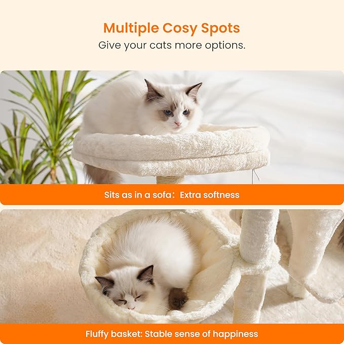 Heybly Cat Tree with Cat Self Groomer Brush, Cat Tower Condo for Indoor Cats with Padded Plush Perch,Beige