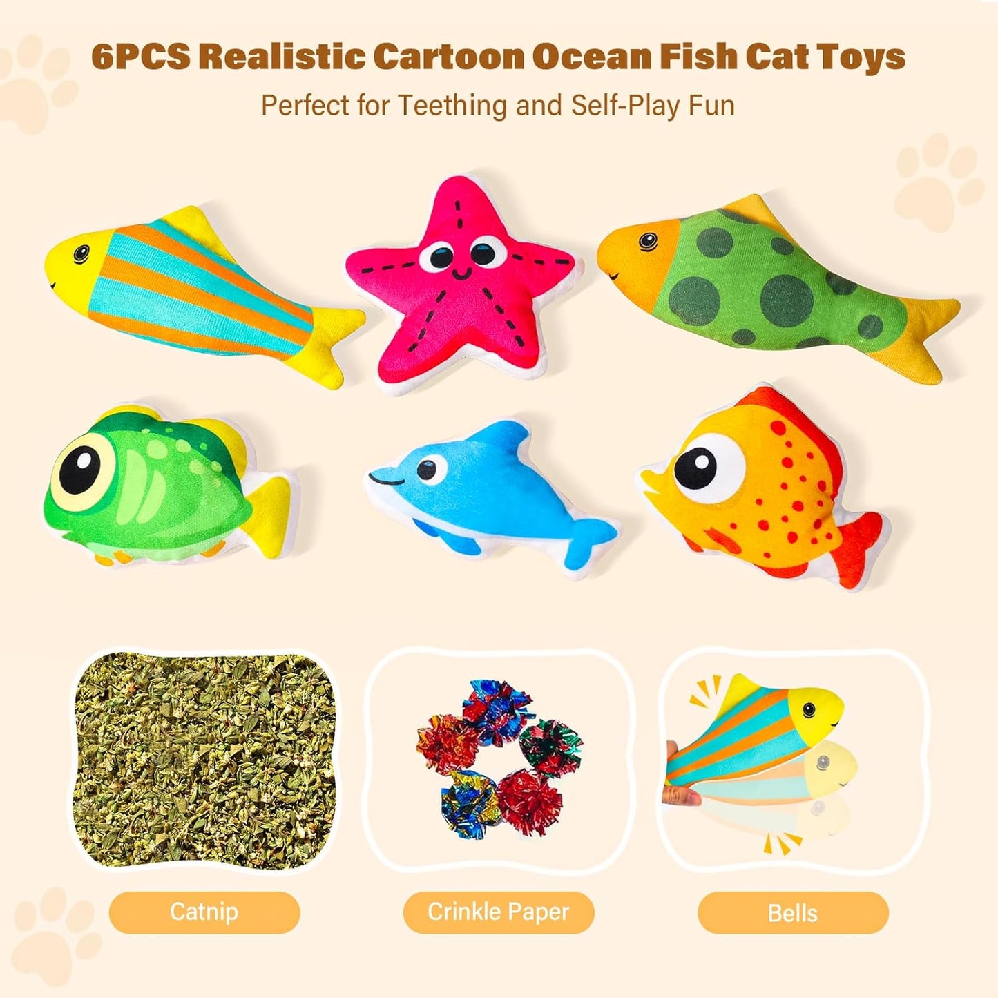 6 Pcs Catnip Toys Cat Toys, Fish Shaped Interactive Big Crinkle Sound Kitten Exercise