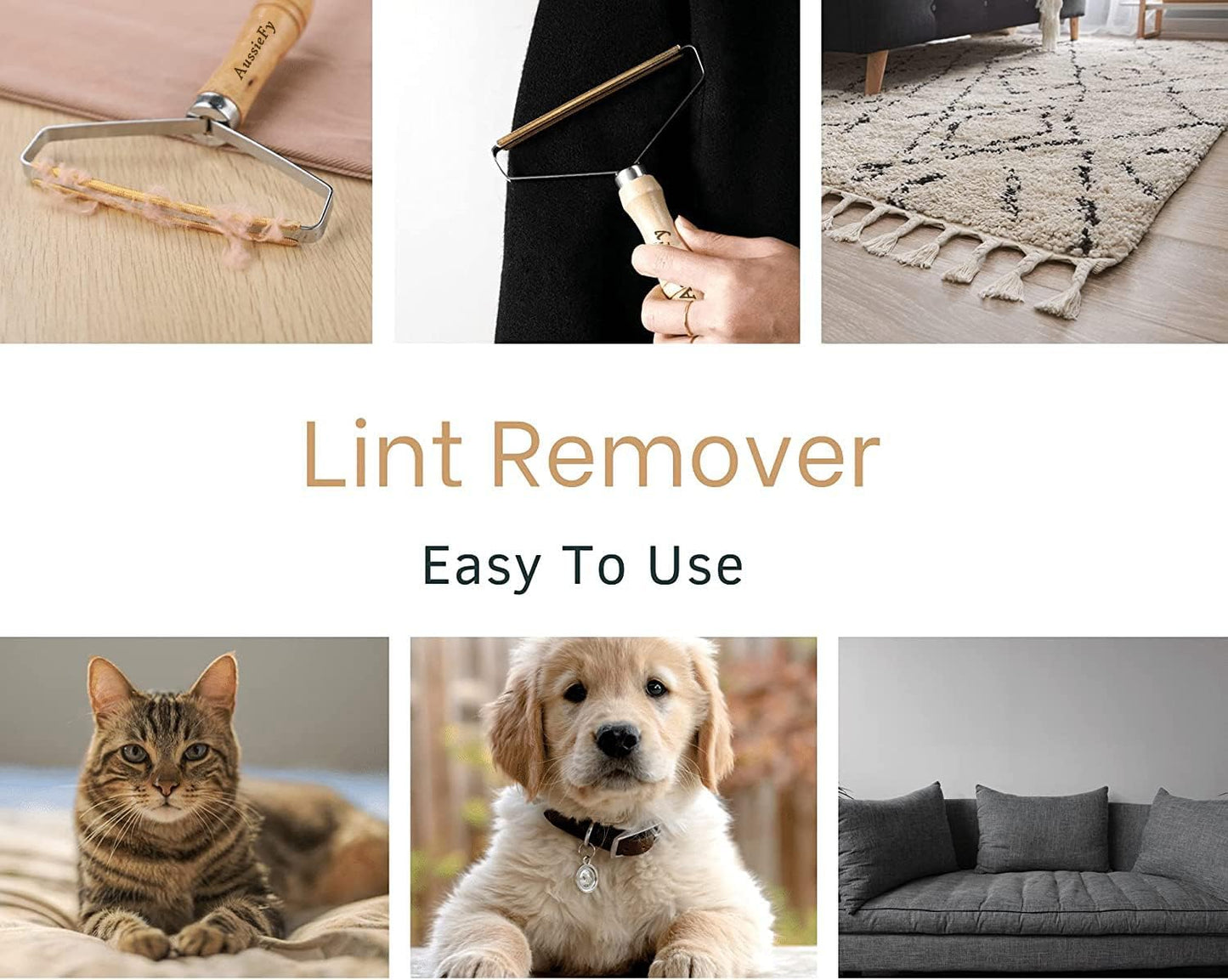 AussieFy Premium Pet Hair Remover, Lint Remover, Lint Shaver, Reusable Double Sided Lint Roller with Wooden Handle, Easy to Clean Pet Fur, Efficiently Removes Dog Hair & Cat Hair Dust in Carpets and Furniture (1, 2.2 cm)