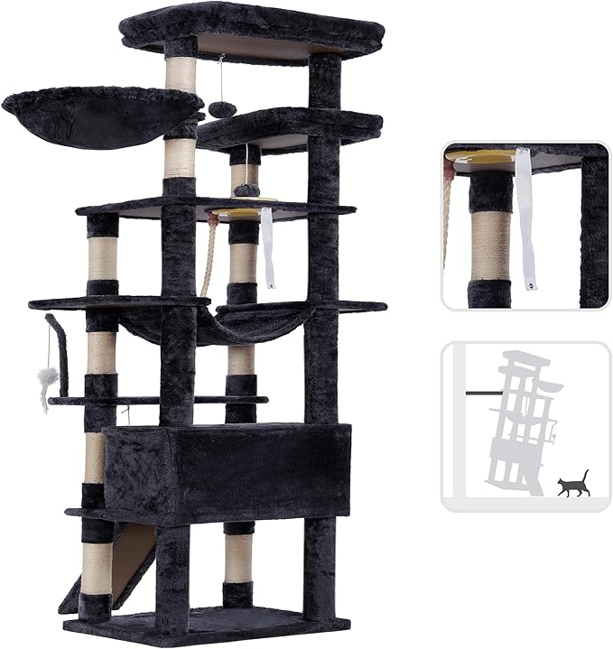 Heybly Tall Cat Tree, 78-inch Multi-Level Cat Tower for Indoor Cats, 2 Widened Plush Perches Cat Condo with Scratching Board and Big Caves, Smoky Gray